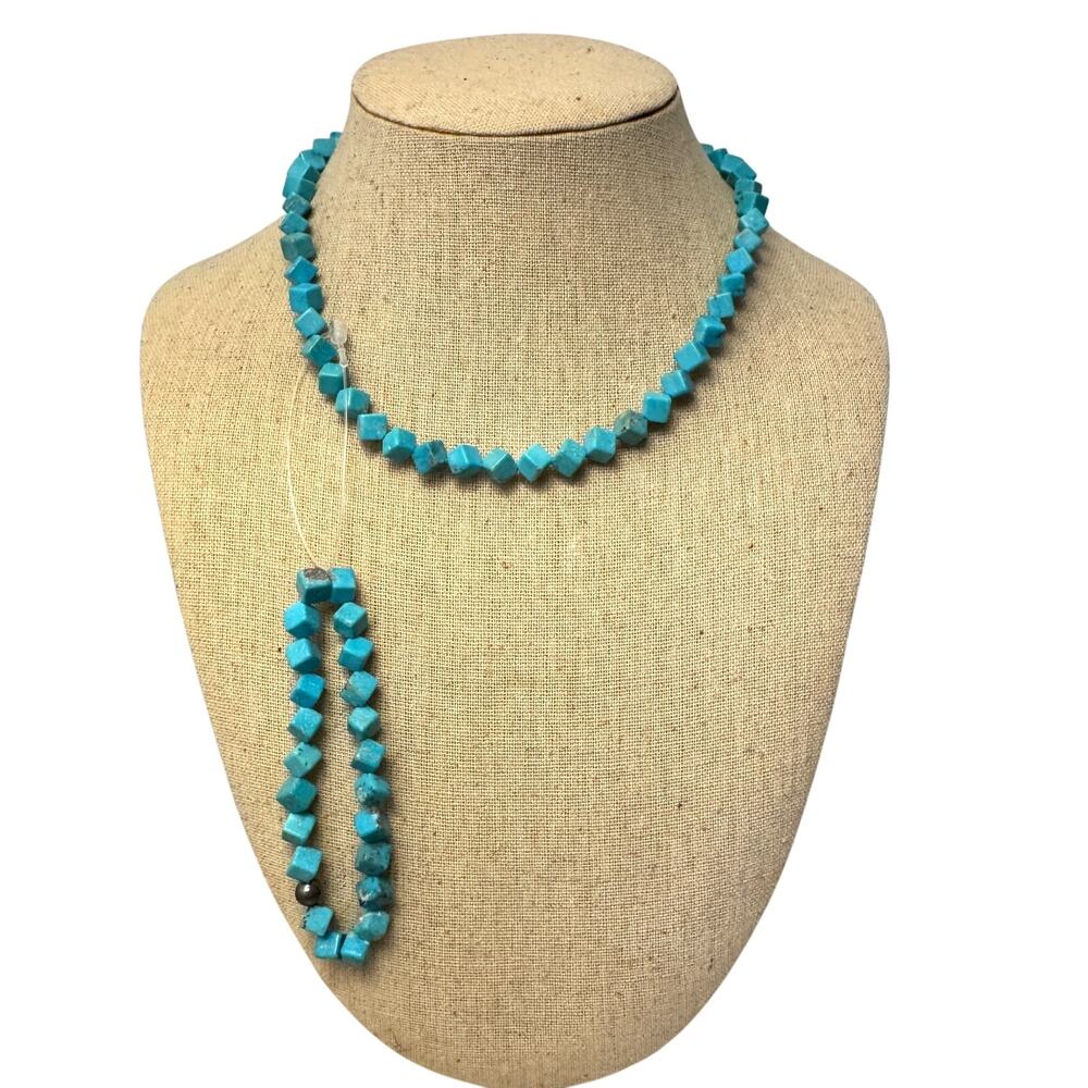 Unique Cubed Square Real Turquoise Necklace Bracelet Set Sterling Silver OOAK